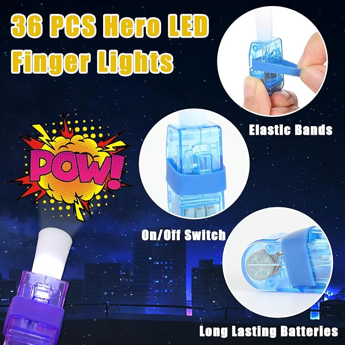 CHUNNIN 36 PCS Super Theme Hero Party Favors Hero LED Light Up Finger Lights, Glow in the Dark Hero Party Finger Light Bulk for Father Day Goodie Treat Bags Stuffers Super Birthday Party Supplies