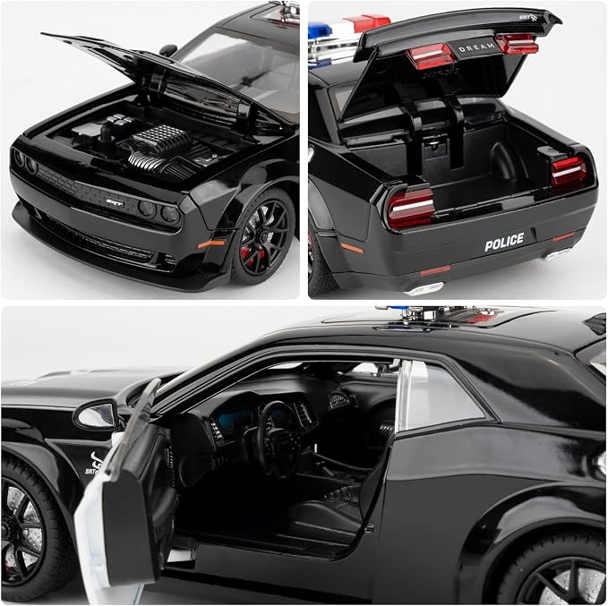 Police Car Model for Collectible 1:24 Dodge Challenger SRT Hellcat Toy, Diecast Vehicle Toy with Lights and Sounds,Pull Back Decoration Model Car Toy for Adults Kids Birthday Gifts
