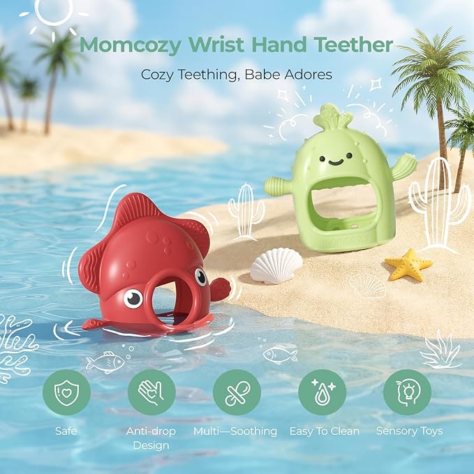 Momcozy Teething Toys, Food Grade Silicone Baby Teether，Teething Mitten for Babies 0–6 Months，Teethers for Babies 6–12 Months，Anti Drop Wrist Teether with Multiple Chew Points，Baby Shower Gifts, Red