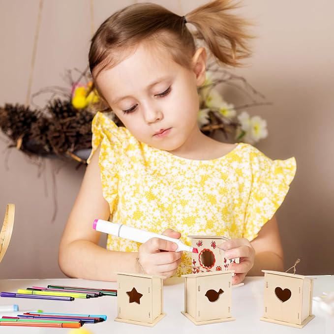Outus 24 Pcs Wooden DIY Birdhouse Kits for Kids to Build, 4 Shapes Birdhouse Kit Wooden Unfinished with Butterfly Sticker for Boy Girl Arts Crafts(Classic)