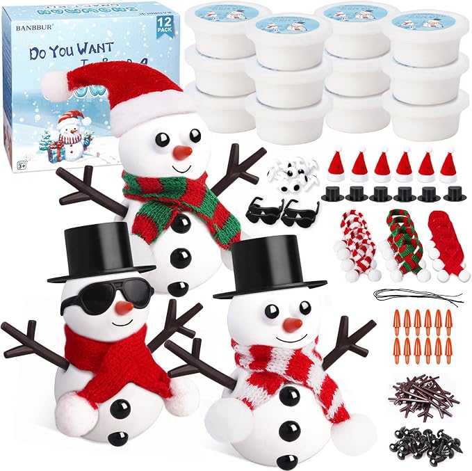 BANBBUR 12 Pack Christmas Stocking Stuffers for Kids,Christmas Crafts for Kids,Modeling Clay DIY Build a Snowman Crafts Kit Bulk Christmas Stocking Stuffers Gifts Activities