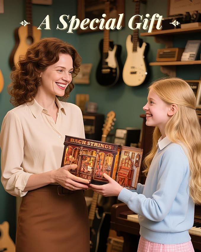 Book Nook Kit, DIY Miniature Music Workshop-Themed, 3D Wooden Puzzle Dollhouse with LED Lights, Bookend & Creative Bookshelf Decor, Craft Gifts for Family and Friends & Music Lovers (Bach Strings)