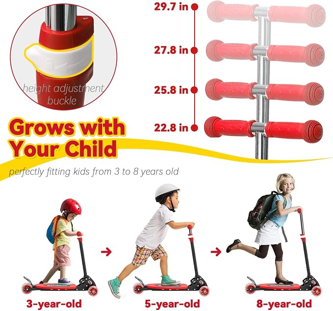 Scooter for Kids Ages 3-5, LED Light Up 3 Wheel Toddler Scooter with 4 Adjustable Heights, Lean-to-Steer Wheels, Safe Metal Brake, Foldable Kick Scooter for Boys Girls, Support 120 lbs, Birthday Gift