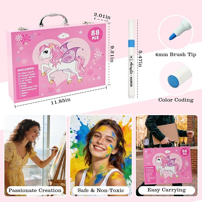 88Pcs Little Pink Horse Markers Set, Drawing Set For Artists, Portable Art Case, Color Pencils, Pressed Powder, Acrylic Marker, Oil Pastels with Case ect