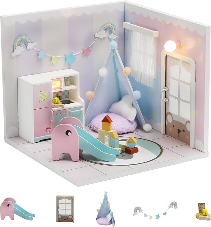 Kisoy Dollhouse Miniature with Furniture Kit, DIY 3D Wooden DIY House Kit A Corner of a Small Apartment Style with Dust Cover & LED,Handmade Tiny House Toys for Kids Adults Gift (Toy Room)