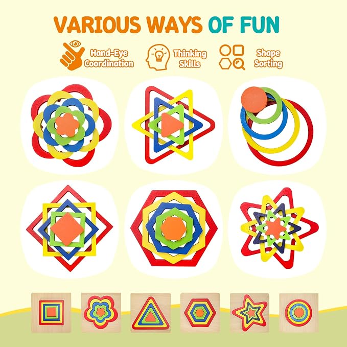 Toddler Puzzles Montessori Toy Wooden Shape Sorting Puzzle Sensory Toy Toddler Activities Preschool Learning Educational Autistic Developmental 1 2 3 Year Old Girl Boy 1-3 Dementia Game Easter Gift