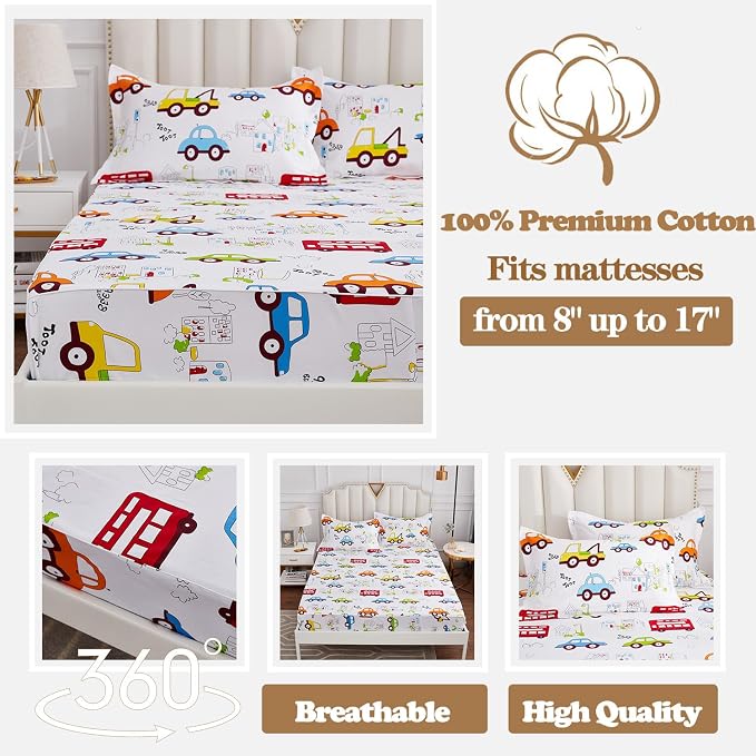 Brandream Kids Boys Sheets Queen Size Construction Cars Trucks Cotton Bed Sheets 4 Piece Set