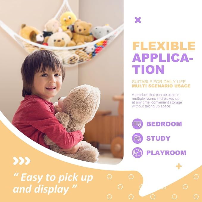 Lazebox Stuffed Animal Net Hammock for Plushie Toys, Stuffed Animal Hammock Corner for Kids' Room Decor, Ideas for Organizing Stuffy Collection, White, L (67" x 40" x 40")-Pack of 2