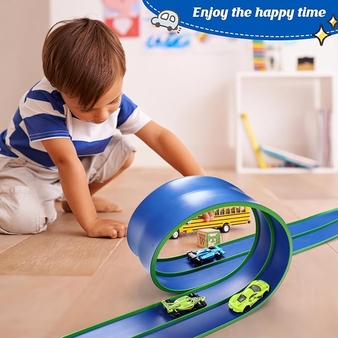 Flexible Race Car Track 15 Ft Starter Set with Suction Cups Compatible with Diecast 1/64th Car for Ages 3 & Up Track Long Rolls Up Portable Racetrack