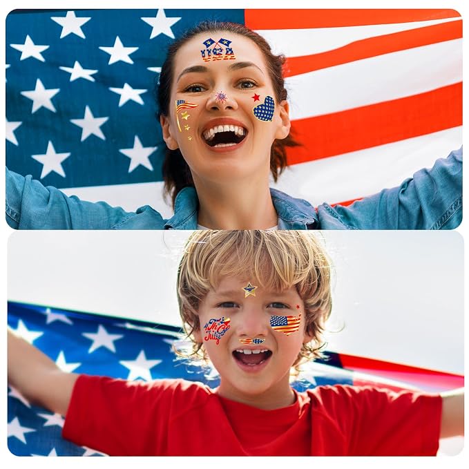 JCFIRE 4th of July Decorations, Temporary Tattoos for Kids Adults, Patriotic Decorations, Fourth of July Accessories, Red White And Blue Party Supplies for Independence Day