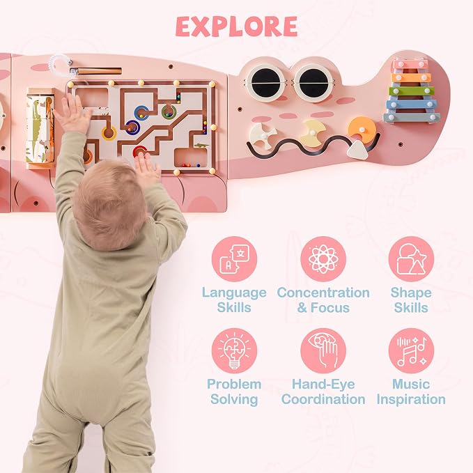 ROBUD Wooden Busy Board for Toddlers - Montessori Toys, Wall Mounted Activity Centre with Gears, Maze & Sorting Games, Baby Busy Board Toddler Toy Gifts for 3 Year Old and up, Girls & Boys