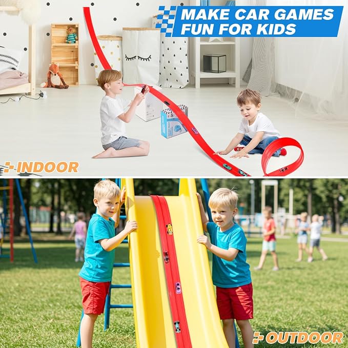 Flexible Race Car Track for Kids 15 Ft Flex Tracks Starter Set Compatible Toy with Suction Cups Compatible with Diecast 1/64th Cars, Long Kid Cars Ramp with Suction Cups for Indoor & Outdoor Ages 3+