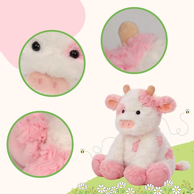 Hopearl Adorable Plush Cow Toy Floppy Dairy Cattle Soft Kawaii Stuffed Animal Cute Birthday Holiday Gift for Boys Girls Kids Toddlers, Pink, 9''