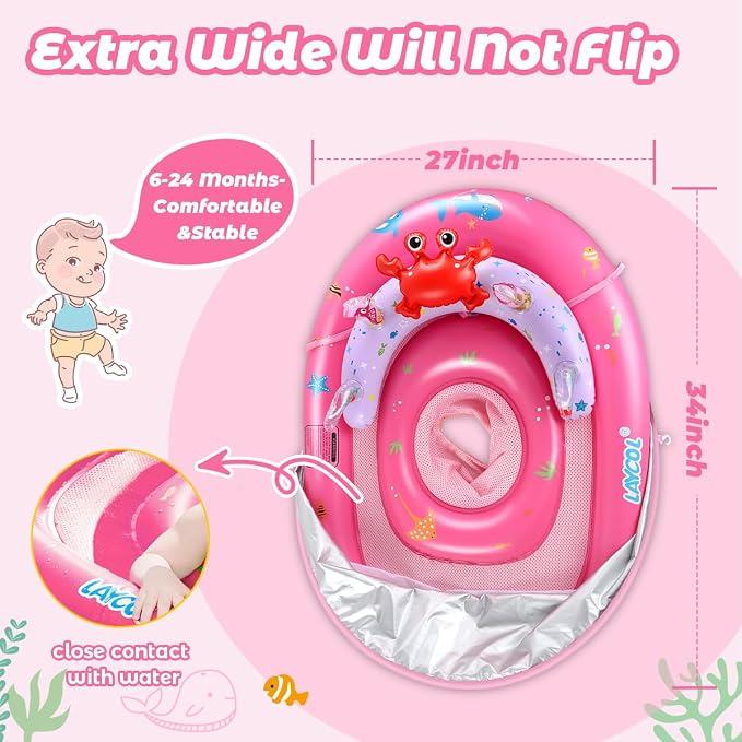 LAYCOL Baby Pool Float with Canopy UPF50+, 120°Adjustable Sun Protection and Anti-Tip Safety Seat, Inflatable Toddler Floaties Infant Pool Float with Animal Pool Toys, Baby Beach Essentials for 6-36M