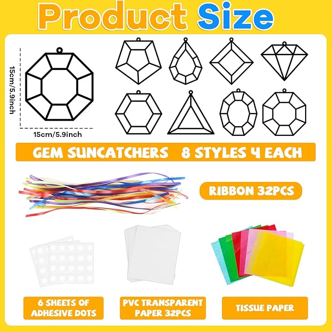 Lonfliness 32Sets Jewel Suncatchers Ornaments Kit DIY Window Stained Glass Effect Paper for Sun Catchers Craft Home Decor Creative Art Projects Activity Birthday Gift