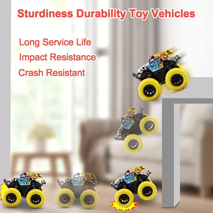 M SANMERSEN Monster Truck Toys for Kids, Friction Cars for Toddlers Push and Go 360° Rotating Stunt Car for 3+ Year Old Boys Girls Gifts (2 Pack - Red and Yellow)