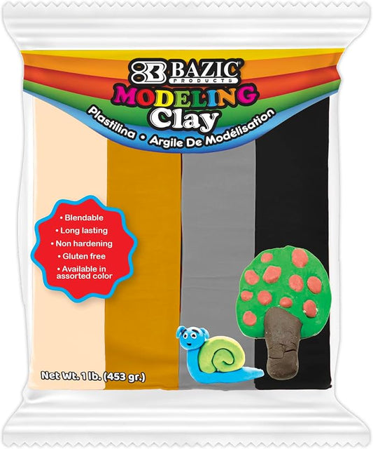 BAZIC Products 4 Natural/Earth Color Modeling Clay, 1 lb, Non-Hardening, for Sculpting Art Crafts, Reusable
