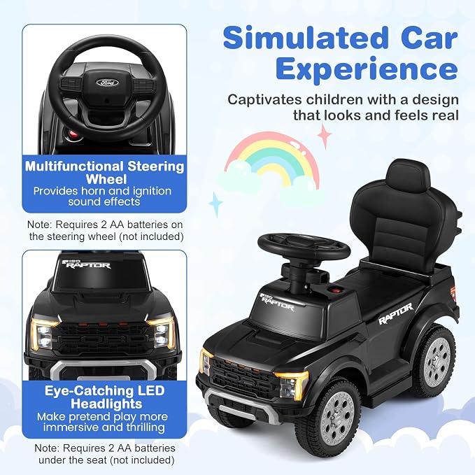 Costzon Ride On Push Car for Toddlers, 3-in-1 Ford Licensed Sliding Car w/Handle, Guardrail, Horn, Engine Sound, LED Lights, Under Seat Storage, Foot-to-Floor Kids Ride On Toys for Boys Girls (Black)