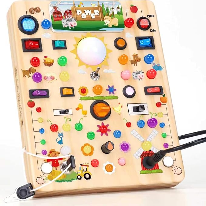 RichBoy Montessori Toy Busy Board with 40 LED Lights, 59-in-1 Sensory Toys for Toddlers, Travel Educational Activity for Airplane, Ideal Christmas Birthday Gift for Boys & Girls (Farm 7.8" x 6.5")