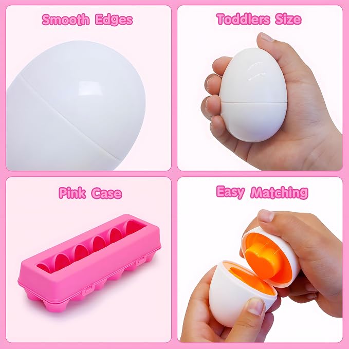 MOONTOY Montessori Matching Egg, 12PCS Color & Shape Recognition Toy for Toddler 1-3, Educational Learning Eggs Toy with Pink Storage Case, Easter Eggs Basket Stuffers Gift for 1 2 3 Year Old Girl Kid