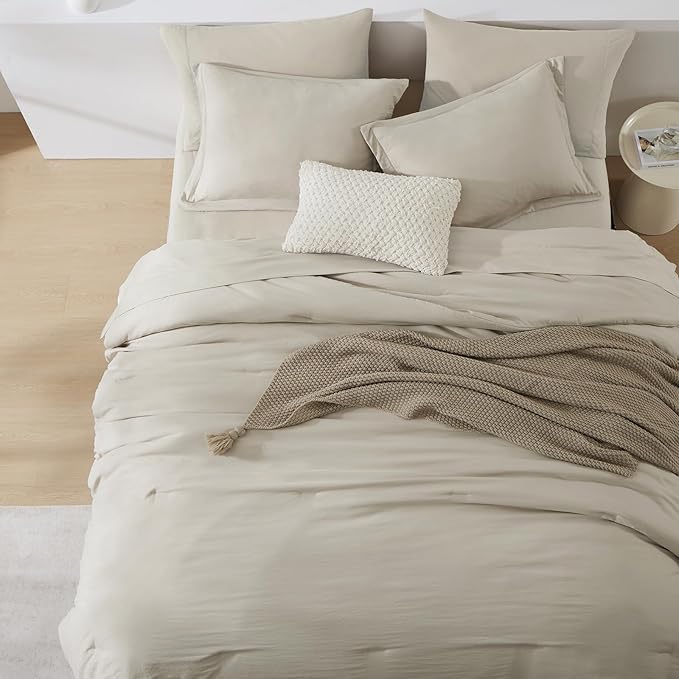 WRENSONGE Light Oatmeal Queen Comforter Set, 7 Pieces Soft Microfiber Comforters Queen Size with Fitted Sheet, Flat Sheet, 2 Pillow Shams, and 2 Pillowcases- Warm Bedding Sets Queen for All Season