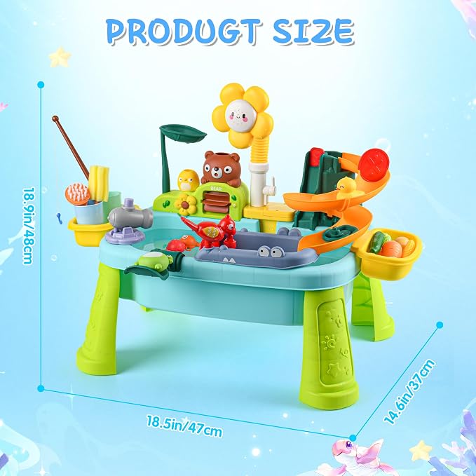 Kids Sand & Water Table — 4-in-1 Kitchen Sink Toy with Battery-Powered Water Pump, Faucet, Play Food & Fishing Set, for Boys & Girls Age 3+ (Blue-Sunflower)