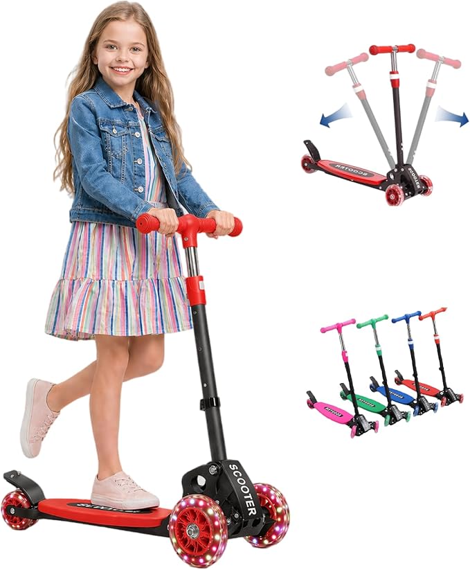 Kids Kick Scooter for 3-12,Lean-to-Steer 3 Wheel Scooter for Beginners with Light-Up Wheels,3 Adjustable Handlebar 27.5"–33",6-Inch Wide Deck,Rear Foot Brake,Foldable Scooter for Boys & Girls