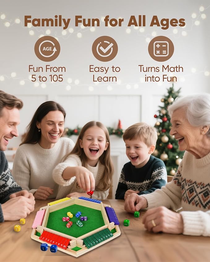 Original Classic 2-6 Player Shut The Box Game, Math Dice Board Game for Family Night Classroom Travel, Wooden Classic Table for Group Kid Adult Senior Camp Party Bar Easy Quick and Fun