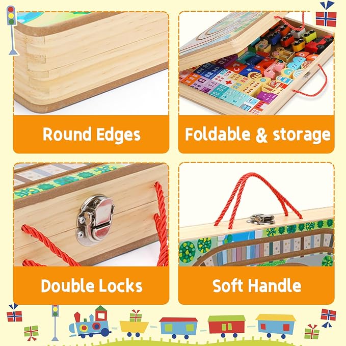 Adena Montessori Wooden Take-Along Tabletop for Toddlers,75 Blocks Set Track Train Set,Electric Train City Building Construction Stacking Blocks Preschool Learning Educational Toys(Large Size)