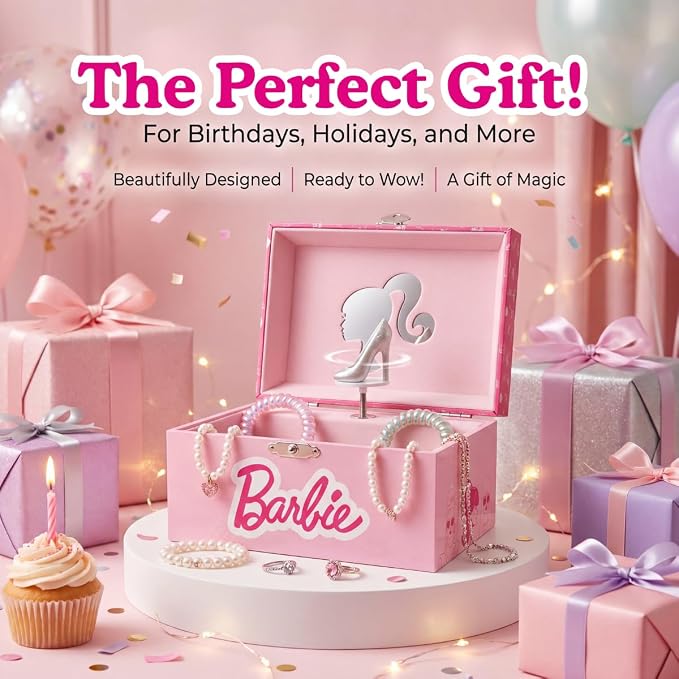 Barbie Storage Organizer for Accessories Musical Jewelry Box with Spinning Figurine, Barbie Toys for Girls Ages 3-5