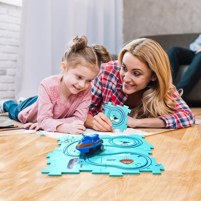 4 Year Old Boy Birthday Gift, Puzzle Racer Kids Car Track Set Puzzle Racer Car Track Set with Roadmap Puzzle Track Car Play Set Toys for 4 Year Old Boys (C-Ocean, Set3-5PCS)