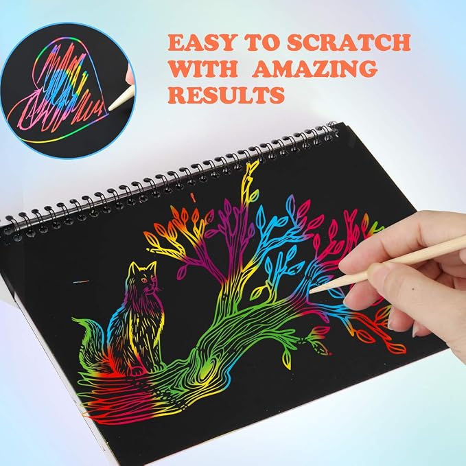 Mocoosy 3 Pack Rainbow Scratch Art Paper Notebooks, Spiral Bound Magic Scratch Pads for Kids Arts Crafts Supplies, Black Sketch Note Coloring Activity Book Travel Games Gifts for Girls Boys