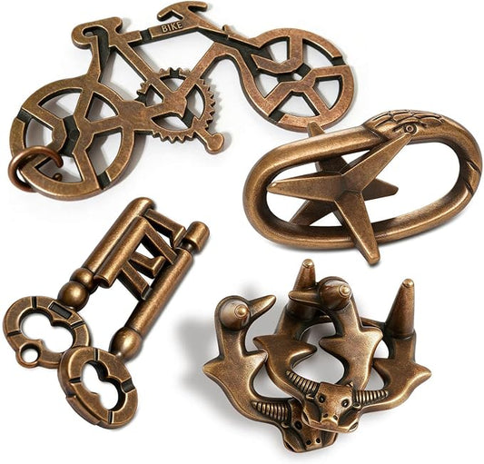 MHY Jumbo Metal Brain Teaser Puzzles for Adults - 4 Pack Challenging 3D Mind Games | with Portable Case | IQ Logic Toys & Gift for Teens