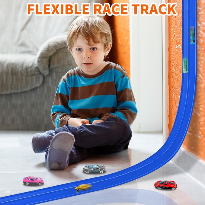 Flex Track Race Set for Kids, 15FT Starter Set Car Track with 4 Suction Cups and 6 Diecast 1/64th Cars - STEM Racing Toy for Boys & Girls Ages 3+ (Upgrade Orange) (Upgrade-Blue)