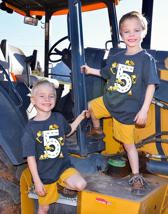 Lovekider 2-5 Years Birthday Boy Shirt Construction Party T-Shirts Excavator Cotton Short Sleeve Tee Dark Grey