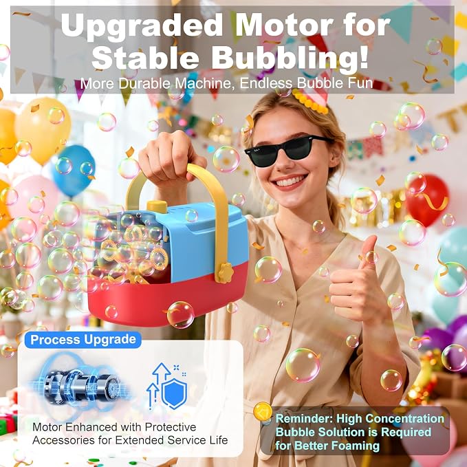 Bubble Machine Durable Automatic Bubble Blower, 18000+ Big Bubbles Per Minute Bubbles for Kids Toddlers Bubble Maker Operated by Plugin or Batteries Bubble Toys for Indoor Outdoor Birthday Party