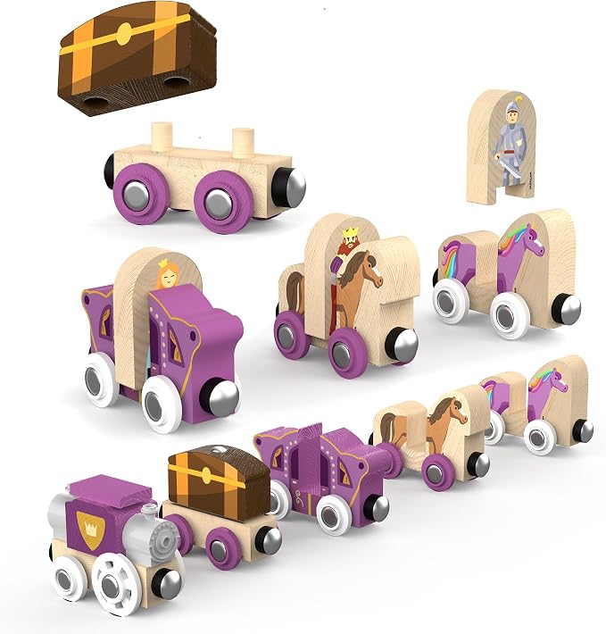 Wooden Train Set 68 PCS Castle Dragon Unicorn Fantasy Kingdom Adventure Playset w/Storage Box Train Toys for Girls Toddlers Grandkids Kids Compatible with Thomas Brio Melissa and Doug