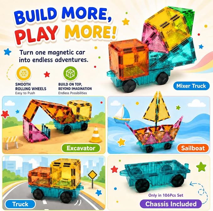 Magnetic Tiles 106-Piece Set, Standard 3 inch Magnetic Building Blocks for Kids Ages 3+ Boys and Girls, Educational Magnet Construction Tiles for Creativity & Learning