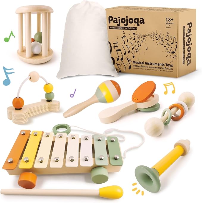 Pajojoqa 7pcs Musical Instruments Set 18M+ Montessori Toys 2 3 4 Neutral Colors Wooden Toys for Toddlers 3-5 Percussion Instruments Modern Boho Xylophone Sensory Gifts Boys Girls