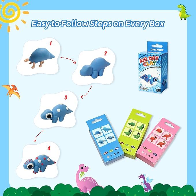 Air Dry Clay Dinosaur Kit for Kids, 12 Dino Skeleton Craft Set | 12 individual boxes, colorful materials, 3 sculpting tools, step-by-step guide, STEM party favors and birthday activity