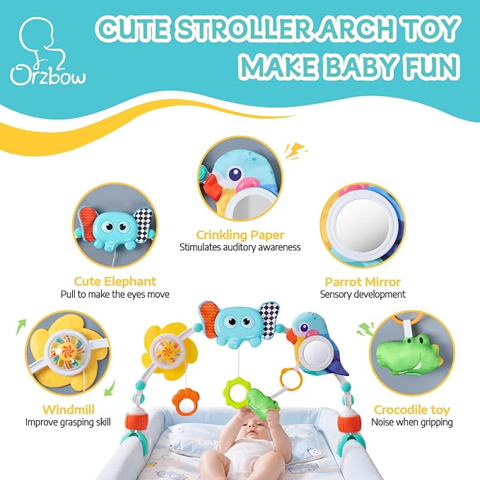 Orzbow Adjustable Stroller Hanging Toys, Arch Crib Mobile with Fascinating Toys to Stimulate Baby's Senses and Develop Motor Skills, Baby Mobile for Bassinet, Car Seat & Bouncer, Elephant