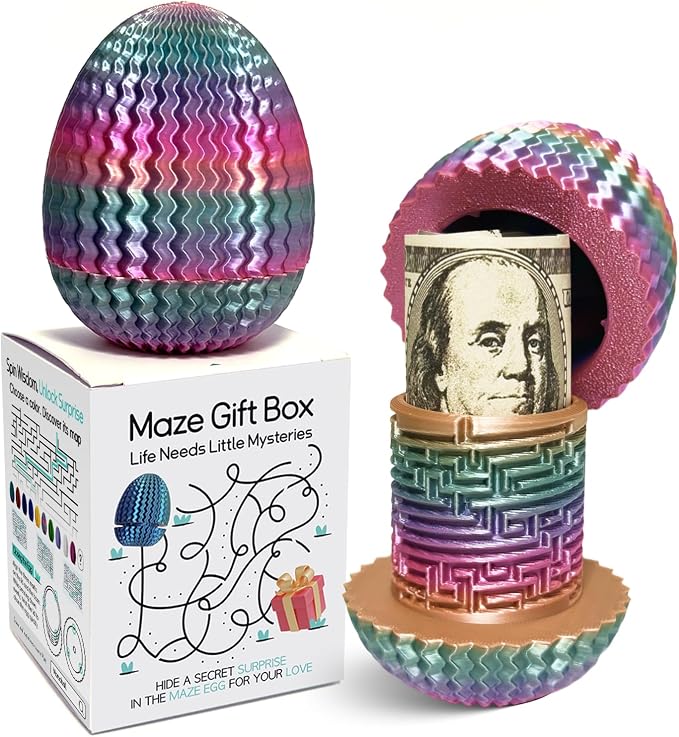 Money Puzzle Box for Cash Gift Card Holder - Reusable Secret Safe with 4 Unique Maze Egg Designs, 3D Printed Brain Teaser Game for Teens Adults, Easter Birthday Christmas Stocking Stuffer (Rainbow)