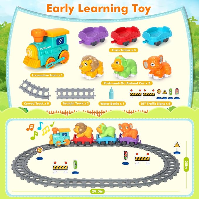 Electric Train Set for Toddlers, Realistic Steam Train Toys with Tracks for Kids 2-4, Animal Toys for Toddlers with Music & Lights, Christmas Birthday Gifts for 1 2 3 4 5 Year Old Boys Girls
