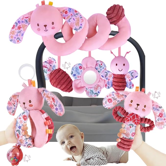 Baby Spiral Car Seat Toys for Babies 0-6 Months Girl, Stroller Hanging Stuffed Animal Carseat Crinkle Rabbit Toy 0-3-4-5-6-7-8-9-12 Month, Newborn Infant Toddler Birthday Gifts Set Bunny 3PCS