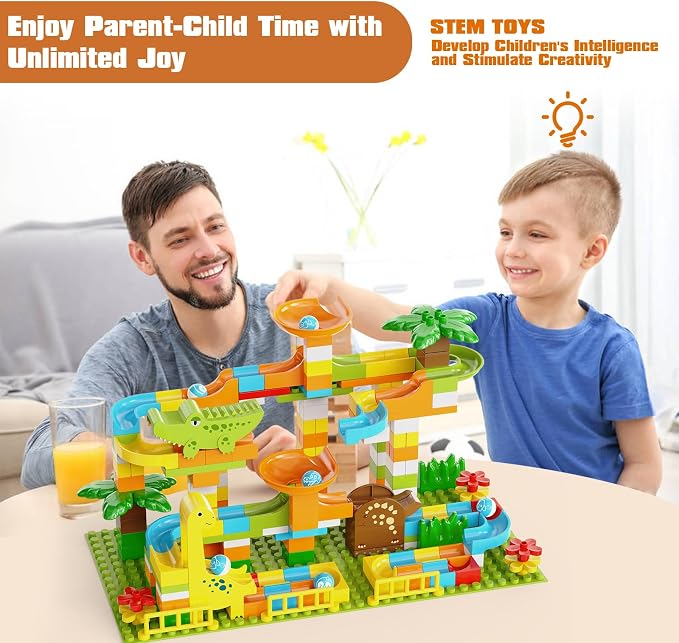 JIXIn Dinosaur Marble Runs for Kids 4-8 Building Blocks 187Pcs Compatible with Lego DUPLOS for Age 2-5 - Marble Run for Kids Ages 3-5 - Montessori Toys - STEM Toys - Fun Dinosaur Toys for Kid Ages 3+