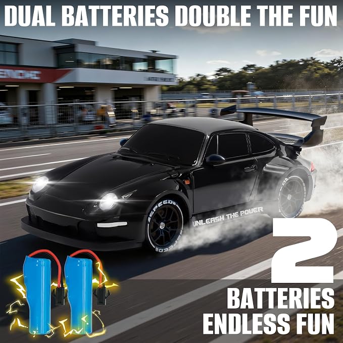 RC Drift Car,1:24 Scale Remote Control Car, 2.4GHz 20KM/H 4WD High Speed RC Cars for Kids with LED Light, Two Batteries,Drifting Tires,Racing Vehicle Toy for Adults Boys Girls Black