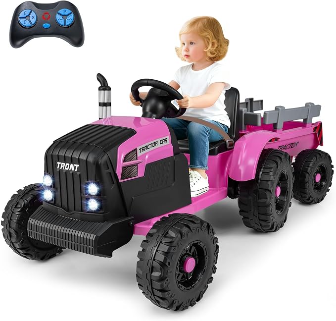 Costzon 24V Ride on Tractor with Detachable Trailer, Kids' Electric Vehicles with 3 Speeds, 15° Climbing, Wireless Design, Horn & Music, Remote Control Tractor Toy for Kids 3+,Gift (24V, Dark Pink)