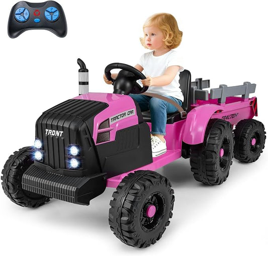 Costzon 24V Ride on Tractor with Detachable Trailer, Kids' Electric Vehicles with 3 Speeds, 15° Climbing, Wireless Design, Horn & Music, Remote Control Tractor Toy for Kids 3+,Gift (24V, Dark Pink)