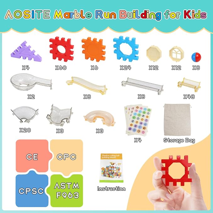 AOSITE 234 PCS STEM Marble Run Building Learning Toy Kid Gift Construction Race Track Marbles Run Building Block for 4 5 6 7 8 9 10 11 12Years, Creative Marble Run Games Boy Girl Birthday Xmas Present