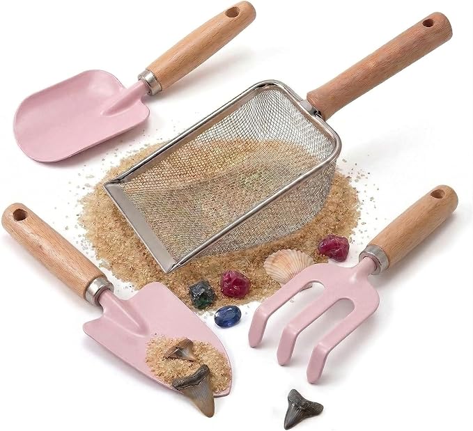 Beach Sand Toys for Kids Toddlers Made of Metal with Sturdy Wooden Handle, Sifter & Shell Clipping Tongs, Mesh Scooper for Digging, Sifting Shells, Shark Tooth Sifter Dipper, Kids Gardening Tools